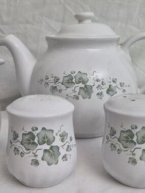 Corelle White Teapot and Shakers with Green Floral Trim